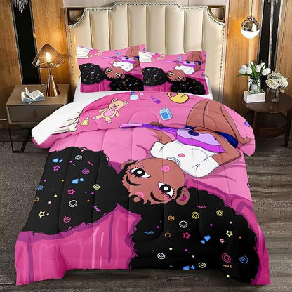 Black African American Girls Full Size Comforter Sets - Black Girl Full Size Bedding Sets for Girls Pink Princess Bedroom Sets Room Decor Full Size Comforter Set, 1 Comforter+2 Pillowcases