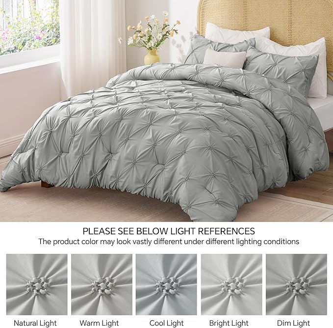 BEDELITE Grey King Size Comforter Set - 3 Pieces Boho Pintuck Bedding Comforter Sets, Lightweight Soft & Warm King Bedding Set with 2 Pillowcases for All Season