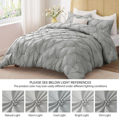 BEDELITE Grey King Size Comforter Set - 3 Pieces Boho Pintuck Bedding Comforter Sets, Lightweight Soft & Warm King Bedding Set with 2 Pillowcases for All Season