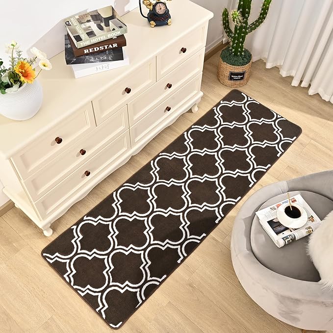 Chicrug Shag Geometric Modern Runner Rug for Bedroom, 2x6 Feet Memory Foam Indoor Hallway Runner Carpet, Fluffy Rug for Living Room Bedside Room Decor for Family, Brown/White