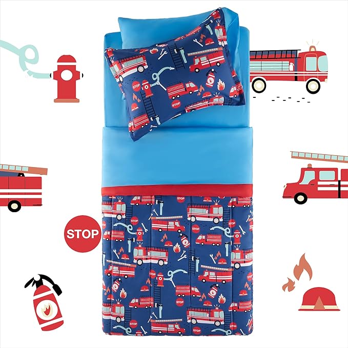 SLEEP ZONE Kids Bedding Comforter Set Full/Queen Size - 7 Pieces Super Cute & Soft Bedding Sets & Collections with Comforter, Sheet, Pillowcase & Sham - Fade Resistant Easy Care (Fire Truck)