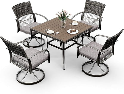 Pamapic 5 Piece Patio Dining Set for 4,Outdoor Wicker Furniture Set for Backyard Garden Deck Poolside with 4 Cushions Swivel Rocker Chairs,Square Plastic-Wood Table Top, Removable Cushions(Gray)