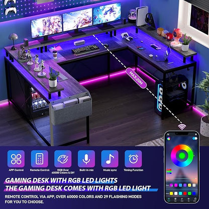 U Shaped Computer Gaming Desk, Reversible L Shaped Desk with Power Outlets, LED Strip & Monitor Stand, Large Corner Desk with Storage Shelves for Home Office, Grey Oak