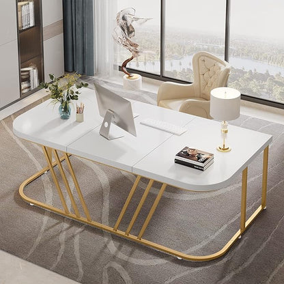 63 inches Executive Desk, Home Office Computer Desk, Modern Large Conference Table with Gold Metal Frame, Bussiness Furniture for Work Writing