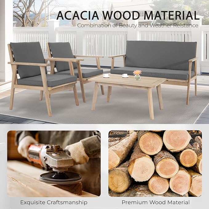 VINGLI Outdoor Patio Furniture, 4 Piece Acacia Wood Sofa Set w/Coffee Table, Patio Table and Chairs Set for Deck, Balcony, Backyard (Light Natural)