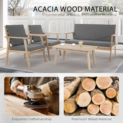 VINGLI Outdoor Patio Furniture, 4 Piece Acacia Wood Sofa Set w/Coffee Table, Patio Table and Chairs Set for Deck, Balcony, Backyard (Light Natural)
