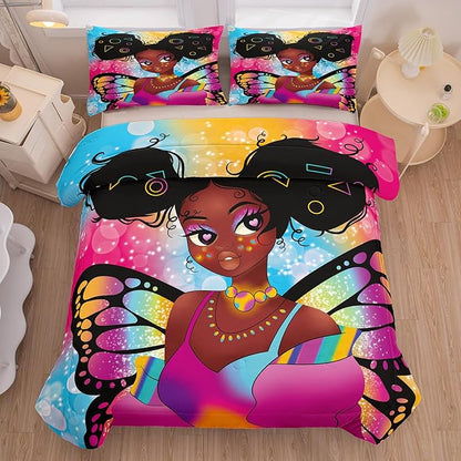 Tailor Shop Fantasy Black Girl Comforter Set Rainbow Butterfly Queen Size Bedding Sets for Girls Kids Kawaii Magic African American Black Girl Bedding Set with 2 Pillowcase Girls Room Decor