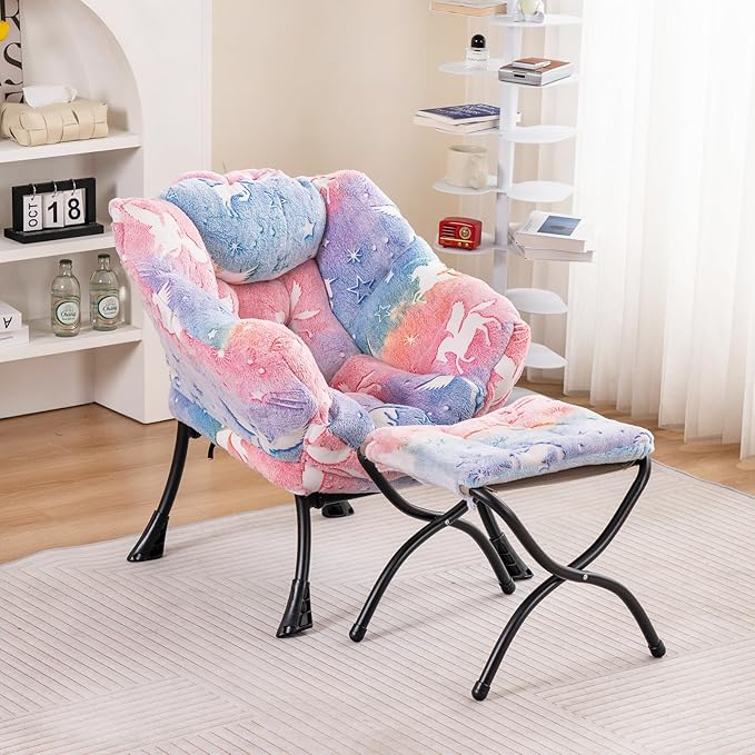 Welnow Toddler Kids Lazy Chair with Ottoman, Glow in The Dark Accent Comfy Lounge Children Armchair Couch with Removable Cover, Detachable Reading Chair with Footrest for Boy or Girl
