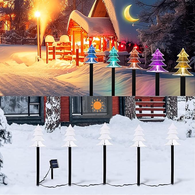 Christmas Solar Pathway Lights, Set of 5 Waterproof Landscape Christmas Lights, Stake Christmas Decorations, LED Lights for Yard Lawn Patio Walkway Decor (5PCS-Multi Colors-Tree)