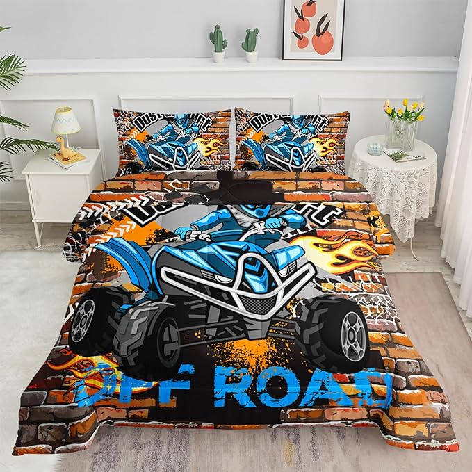Axolotl Quad Bike Bedding Set Full,Dirt Bike Comforter Set,Extreme Sports Bedding Set,Sports Theme Comforter Set,Tractor Truck Bedding,Motorcycle Comforter for Kids Boys Teens,1 Quilt 2 Pillowcases