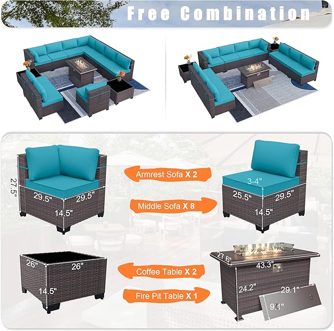 Patio Furniture Set with Fire Pit Table 13 PCS Outdoor Sectional Furniture Outdoor Rattan Patio Conversation Sets with 43in 55,000 BTU Propane Gas Fire Pit Table Glass Table, Blue