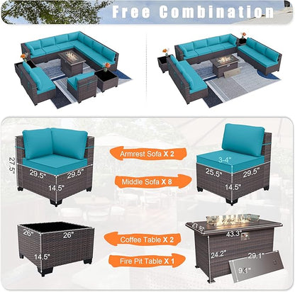 Patio Furniture Set with Fire Pit Table 13 PCS Outdoor Sectional Furniture Outdoor Rattan Patio Conversation Sets with 43in 55,000 BTU Propane Gas Fire Pit Table Glass Table, Blue