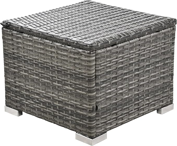 9-Pieces Outdoor Rattan Sectional Sofa Set, Wicker Patio Conversation Furniture with L-shape Couch&Storage Ottomans, Acacia Wood Coffee Table, for Garden Yard, Gray Wicker&Beige Cushion