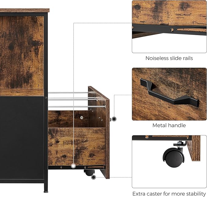 VASAGLE Lateral File Cabinet with Open Shelves and Drawer, for A4, Letter and Legal Sized Documents, Printer Stand, Rustic Brown + Black