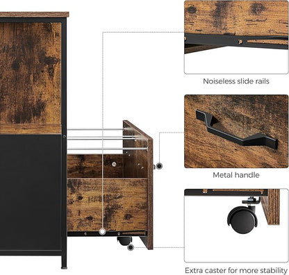 VASAGLE Lateral File Cabinet with Open Shelves and Drawer, for A4, Letter and Legal Sized Documents, Printer Stand, Rustic Brown + Black