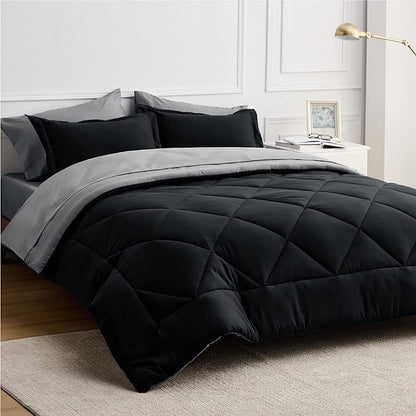Bedsure Black Comforter Set Queen - 7 Pieces Reversible Black Bed in a Bag with Comforters, Sheets, Pillowcases & Shams, Queen Black Bed Set