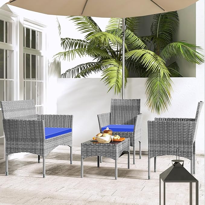 Patio Furniture, 4 Piece Conversation Set, Outdoor Wicker Rattan Table and Chairs, Sectional Sofa with Thick Cushion for Garden, Yard, or Porch, Light Grey