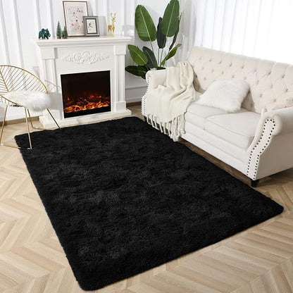 Super Soft Fluffy Shaggy Rugs 5x8 Feet for Living Room Bedroom, Fuzzy Plush Area Rugs for Girls Kids Room Nursery Home Decor, Furry Dorm Rug Cute Non-Slip Indoor Floor Carpet, Black