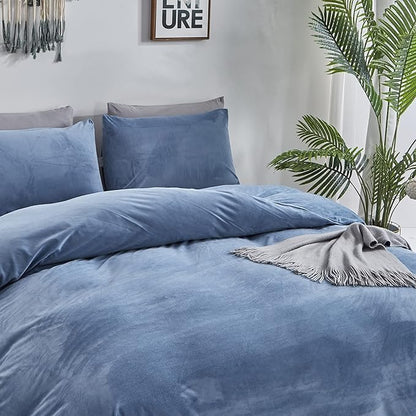 Wellboo Blue Velvet Bedding Comforter Sets Queen Size Adults Men Solid Lake Blue Fluffy Comforters Cotton Women Plain Haze Blue Flannel Quilts Warm Winter Micromink Sherpa Blankets Aesthetic Dorm Bed