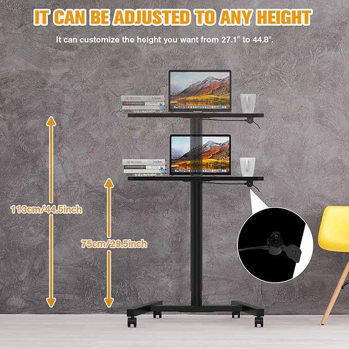 Rolling Desk with Adjustable Height, Sit-to-Stand Desk with Lockable Wheels, 28-Inch Rolling Standing Mobile Desk Cart for Home Office Classroom (Black)