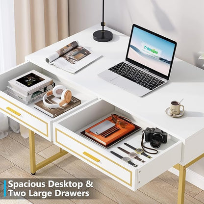 47’’ Computer Desk with 2 Drawers, White Gold Writing Desk Make Up Vanity Table
