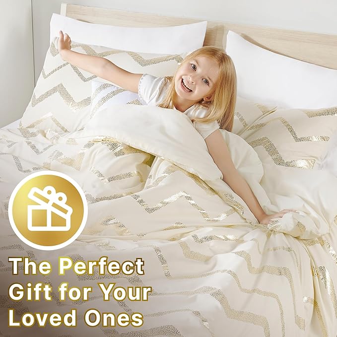 Codi Cream White and Gold Comforter Set for Twin/Twin XL Size, Cute Metallic Ivory Bed Sets, 3 Piece (1 Matching Sham + 1 Decorative Pillow)