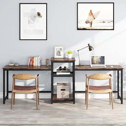 Tribesigns 96.9" Double Computer Desk with Printer Shelf, Extra Long Two Person Desk Workstation with Storage Shelves, Large Office Desk Study Writing Table for Home Office, Dark Brown