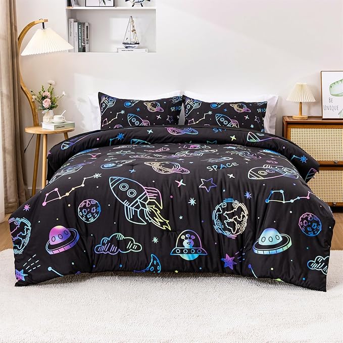 Aimuan Space Comforter Twin Set Kids Rocket Bedding Set Super Soft & Cute Aliens UFO Printed for Boys Girls Teen (Black, Twin 5Pcs)