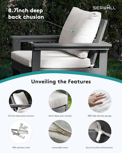 SERWALL HDPE Patio Coversation Set, 7-piece Outdoor Sectional Sofa Set, All Weather Patio Couch Set Patio Furniture for Balcony, Deck, Grey Frame with Khaki Cushion