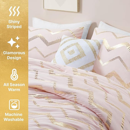 Codi King Size Bedding Sets Pink - Metallic Print Blush Comforter Set - 4 Piece includes 1 Rose Gold Comforter, 1 Decorative Pillow, 2 Pillow Cases - All Seasons Warm