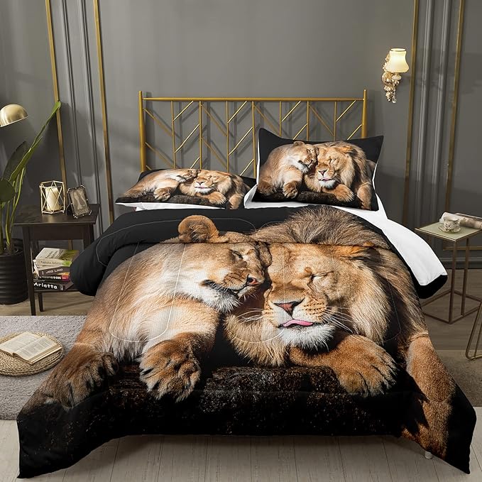 Bodhi Lover Couple Lion Comforter Set Full Soft Microfiber Lion Bedding Set Full Size Animal Comforter Set with Pillowcases,1 Comforter+2 Pillow Shams #4004