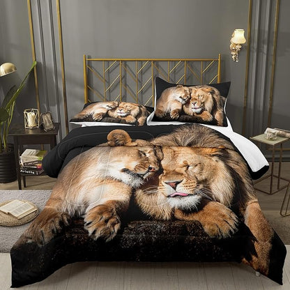 Bodhi Lover Couple Lion Comforter Set Full Soft Microfiber Lion Bedding Set Full Size Animal Comforter Set with Pillowcases,1 Comforter+2 Pillow Shams #4004