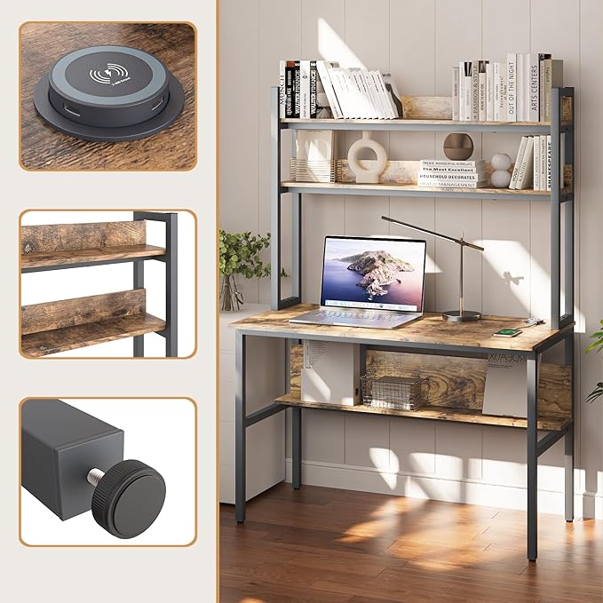 47 Inch Computer Desk with Desktop Wireless Charger, Home Office Desk with Bookshelf, Writing Desk with Storage Shelves for Home Office, Craft Table with Hutch Rustic