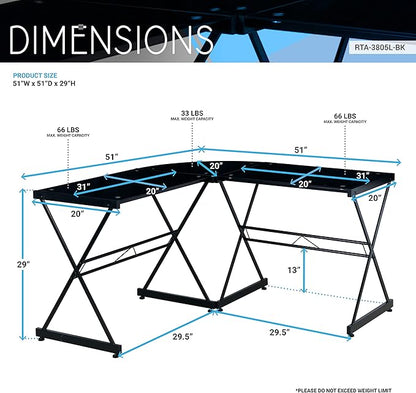 Techni Mobili RTA-3805L-BK L-Shaped Glass Computer Desk, Black, 51" D x 51" W x 29" H