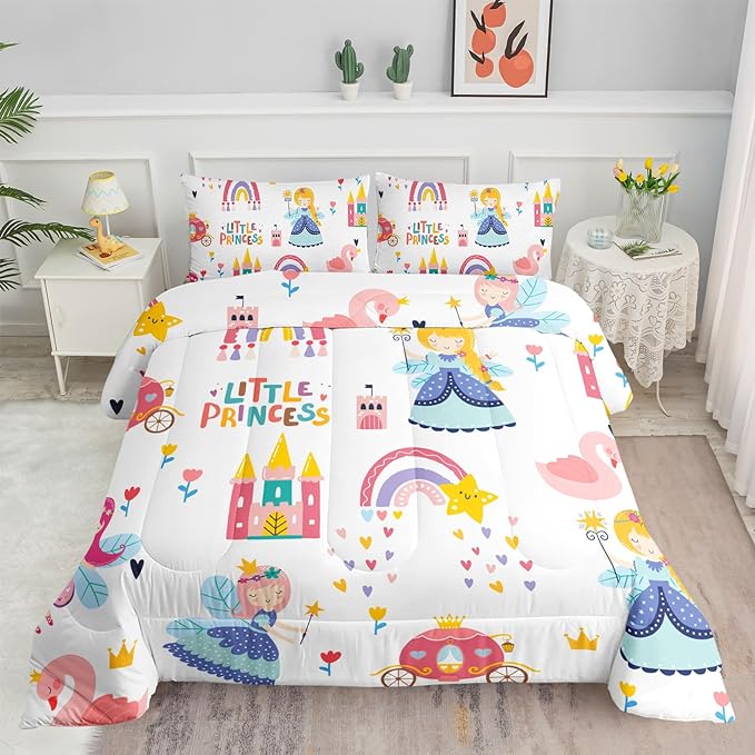 Datura home Girls Bedding Comforter Set Little Princess and Rainbow Castle Printed Pattern Quilt Bedding Set with 1 Comforter and 2 Pillowcases for Girls Bedroom All Season(Princess Twin)