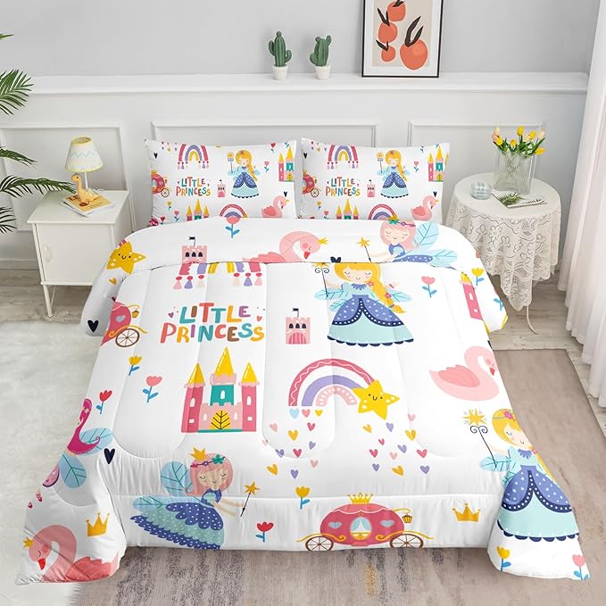 Datura home Girls Bedding Comforter Set Little Princess and Rainbow Castle Printed Pattern Quilt with 1 2 Pillowcases for Bedroom All Season(Princess Queen), Queen 90x90inches