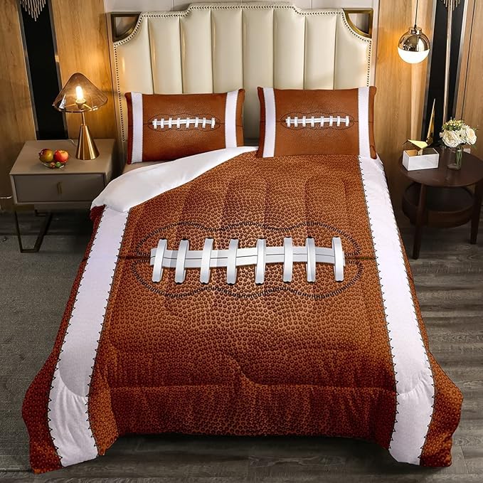 Erosebridal Football Comforter Set King Size Outdoor Games Sports Bedding Sets for Boys Kids Teen Men Red Brown Ball Comforter Football Athletic Quilted Duvet with 1 Comforter and 2 Pillow Cases