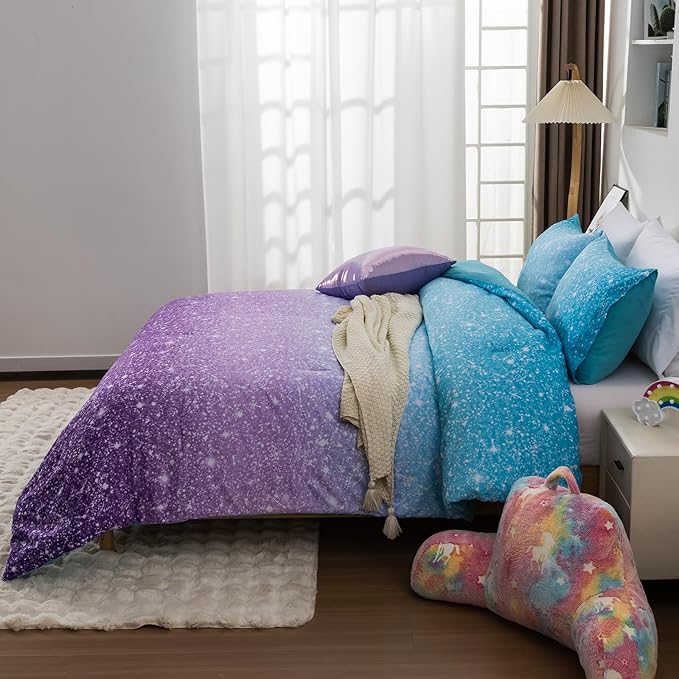 Holawakaka Kids Space Star Glitter Comforter Set Queen Size Girls Ombre Blue & Purple Print Gradient Teens Bedding Set Teens Galaxy Bed Sets (Blue Purple, Queen)