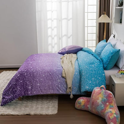 Holawakaka Kids Space Star Glitter Comforter Set Queen Size Girls Ombre Blue & Purple Print Gradient Teens Bedding Set Teens Galaxy Bed Sets (Blue purple, Full)