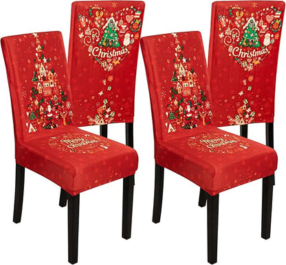 4PCS Christmas Dining Chair Covers, Stretch Removable Washable Dining Room Chair Protector Slipcovers, Xmas Tree Heart Kitchen Chair Cover, Slipcover Protector for Xmas Holiday Party Home Décor