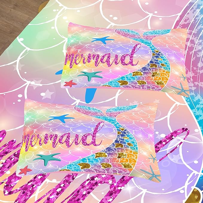 NINENINE Mermaid Tail Bedding Sets for Teens Girls,Full Size Princess Comforter Set,Rainbow Glitter Bedding Sets for Girls,Kids Fish Scales Bedding Sets with 1 Comforter 2Pillowcases