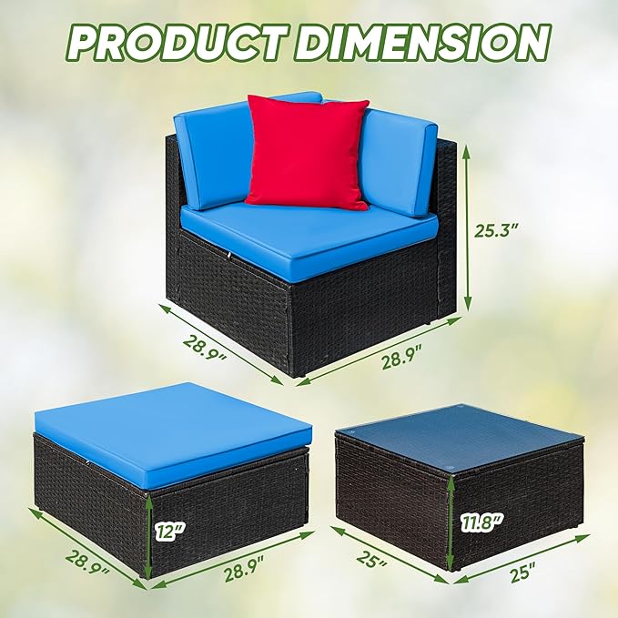 Greesum 3 Piece Patio Conversation Set Wicker Rattan Furniture Outdoor Sofa with Cushions,Pillows and Glass Table for Porch,Lawn and Yard, Blue