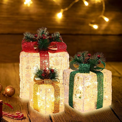 [Large 10"x8.5"x6.5" Christmas Set of 3 Lighted Clear Acrylic Gift Boxes Decorations Pre-lit 70 Super-Bright LED with Flashers,for Indoor Outdoor Pathway Holiday Party Home(Warm White)