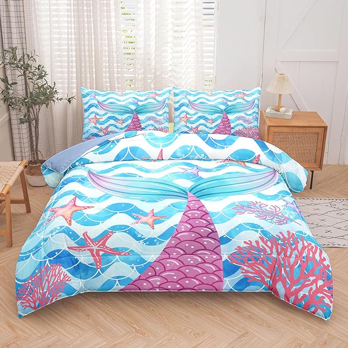 NINENINE Twin Size Mermaid Tail Bedding Girls Princess Comforter Set, Blue Glitter Bedding Sets for Girls,Sea Animal Kids Fish Scales Comforter Sets with 1 Comforter 1Pillowcase