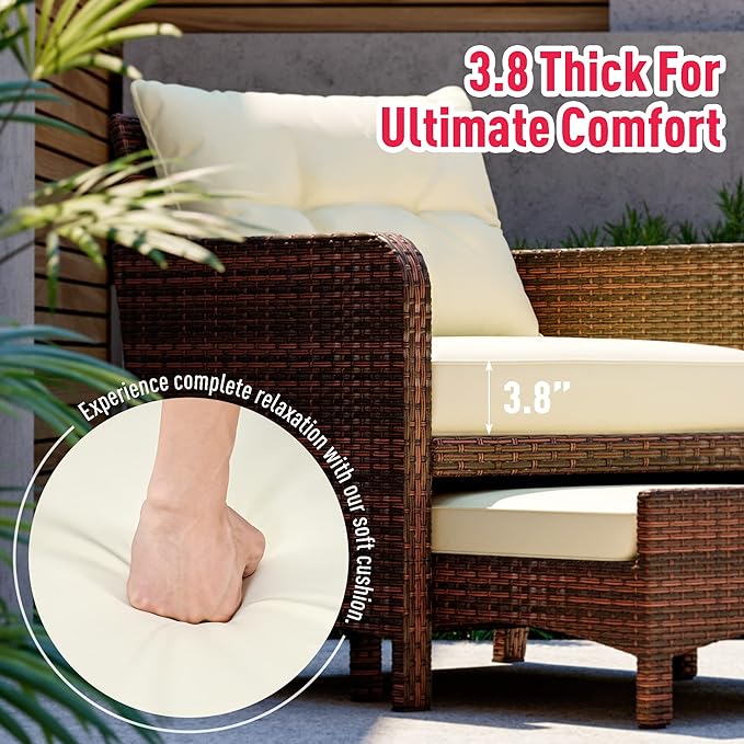 Pamapic 5 Pieces Outdoor Patio Wicker Chairs Set with Ottoman, Outside Conversation Furniture Set with Cushions and Coffee Table for Balcony Porch Lawn Garden (Cream Cushion+ Umber Rattan)