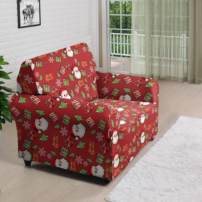FKELYI Christmas Decor Red Sofa Slipcover for Living Room Santa Claus Sofa Couch Cover with Elastic Bottom Non-Slip Furniture Protector S