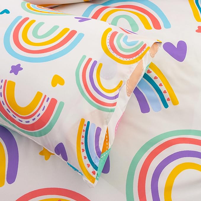 Btargot 3 Piece Kids Rainbow Comforter Set with 2 Pillow Covers, Cartoon Love Hearts Suns and Stars Bedding Set for Girls Boys Kids, Full Beige