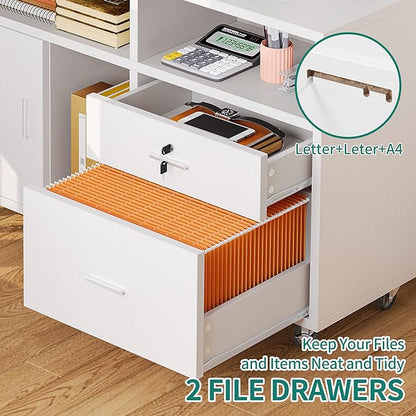 DWVO 2 Drawer File Cabinet with Charging Station, Mobile Filing Cabinet with Lock, White