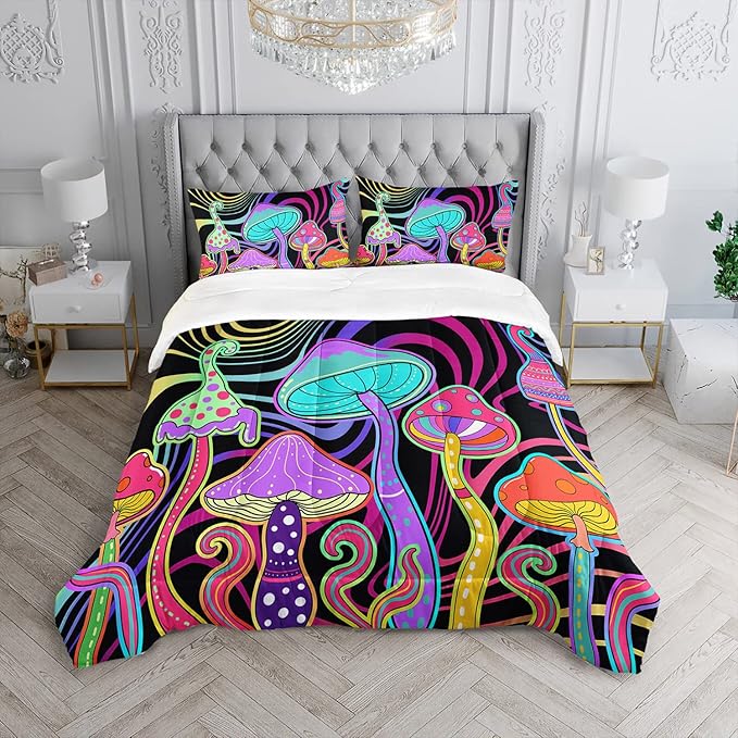 Colorful Mushroom Comforter Set Queen Size Kids 3D Mushroom Bedding Set Cute Hippy Theme Quilt Bed Set for Boys Girls Adults with 1 Comforter and 2 Pillowcases