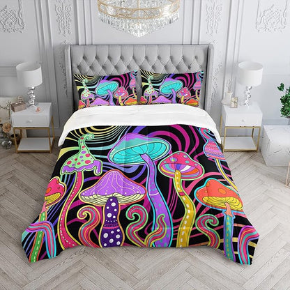 Colorful Mushroom Comforter Set Queen Size Kids 3D Mushroom Bedding Set Cute Hippy Theme Quilt Bed Set for Boys Girls Adults with 1 Comforter and 2 Pillowcases